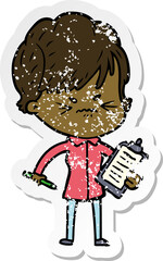 distressed sticker of a cartoon frustrated woman