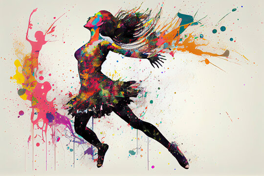 The dancing girl with colorful spots and splashes on a light bac