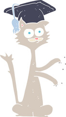 flat color illustration of a cartoon cat scratching with graduation cap