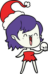 cute line drawing of a happy vampire girl wearing santa hat