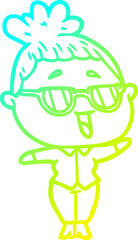 cold gradient line drawing cartoon happy woman wearing spectacles