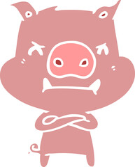 angry flat color style cartoon pig