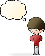 cartoon nervous boy with thought bubble