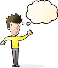 cartoon worried man reaching out with thought bubble