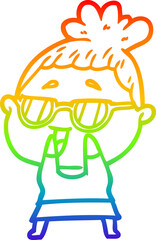 rainbow gradient line drawing cartoon happy woman wearing spectacles