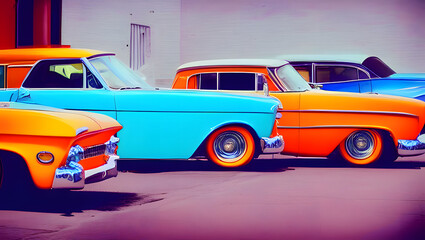 Fototapeta na wymiar A group of colorful hot rods or vintage cars parked in a row, with a retro feel and perfect lighting with Generative AI