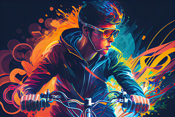 young man riding a bicycle with a colorful energy, digital art style