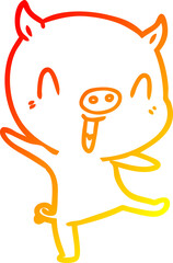warm gradient line drawing cartoon pig dancing