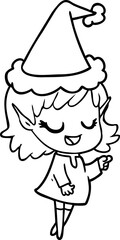 happy line drawing of a elf girl pointing wearing santa hat