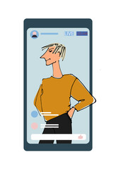 young man, girl waving hand from phone screen. line illustrations, Flat style, isolated vector element, hand lettering