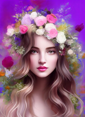 Painting of a beautiful woman's face, Portrait of a beautiful woman. with flowers
