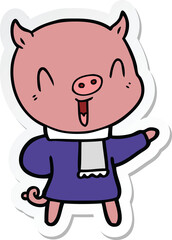 sticker of a happy cartoon pig in winter clothes