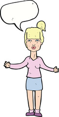 cartoon woman shrugging shoulders with speech bubble