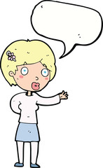 cartoon waving woman with speech bubble