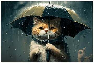 Cute cat illustration holding an umbrella in the rain, generative AI
