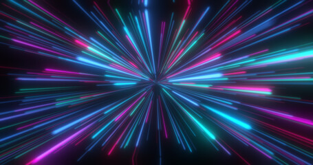 Fototapeta premium Abstract tunnel of multicolored blue purple glowing bright neon laser energy beams lines abstract background
