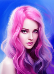 Portrait of a beautiful woman. Illustration of a beautiful girl. Beautiful woman painting. pink hair