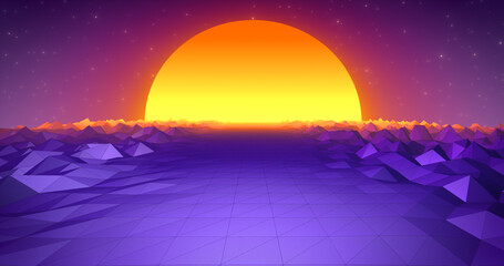 Abstract purple blue retro landscape in old 80s, 90s style with road rocks mountains and sun, abstract background