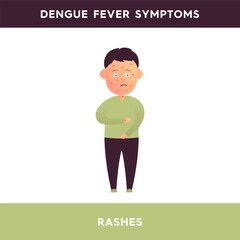 Vector illustration of a man with multiple rashes on his face and body. A person with symptoms of dengue fever. Illustration for medical articles, posters, stands.