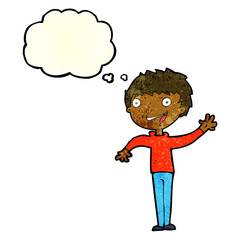 cartoon happy boy waving with thought bubble