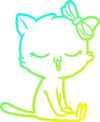 cold gradient line drawing cartoon cat with bow on head