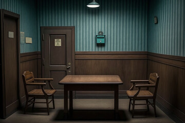 Empty Interrogation Room With Two Chair and One Table with light from the top  | Generative art 