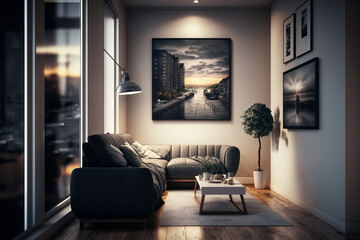 Modern Living Room With Black sofa, warm light from top and Photo Frame in Wall