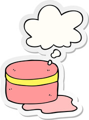 cartoon beauty lotion tub and thought bubble as a printed sticker