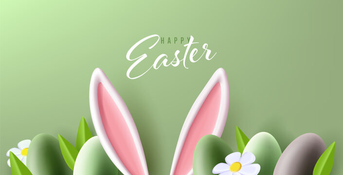Easter greeting card with bunny ears, colourful eggs and flowers on the bottom of the creen, 3d render modern illuatration