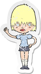 retro distressed sticker of a cartoon waving woman