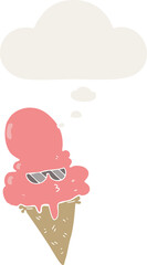 cartoon cool ice cream and thought bubble in retro style