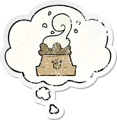 cartoon bowl of dog food and thought bubble as a distressed worn sticker