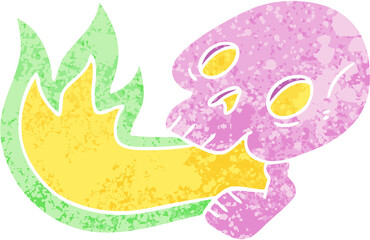 fire breathing quirky retro illustration style cartoon skull