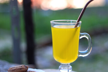 Glass of orange juice with reusable straw and two plates with cookies, served in a garden. Selective focus.