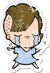 distressed sticker of a cartoon crying girl