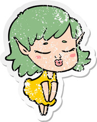distressed sticker of a pretty cartoon elf girl