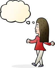 cartoon woman shrugging shoulders with thought bubble