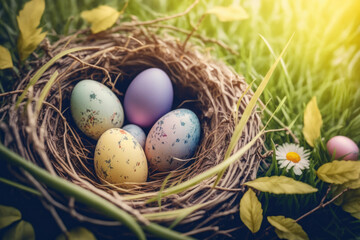 Naklejka na ściany i meble Easter colored eggs in a nest. Generative AI