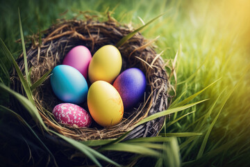 Naklejka na ściany i meble Easter colored eggs in a nest. Generative AI