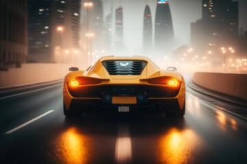 Obraz na płótnie Canvas Yellow supercar driving on the road in the urban area at night, Generative AI