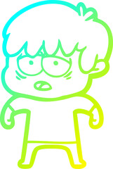cold gradient line drawing cartoon exhausted boy