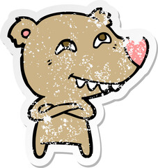 distressed sticker of a cartoon bear showing teeth