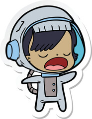 sticker of a cartoon talking astronaut woman