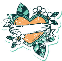 distressed sticker tattoo style icon of a heart and banner