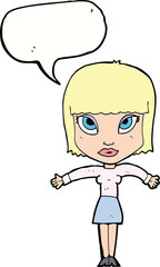 cartoon woman shrugging with speech bubble