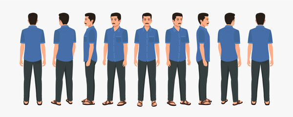 Indian Man Wearing Shirt and Pant, Character Front, side, back view and explainer animation poses