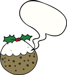 cartoon christmas pudding and speech bubble