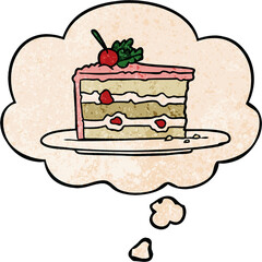 cartoon dessert cake and thought bubble in grunge texture pattern style