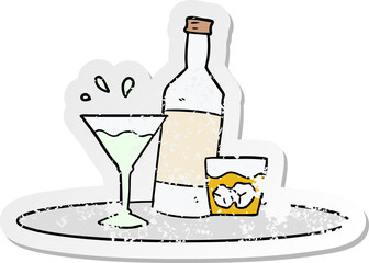 distressed sticker of a cartoon drinks on tray