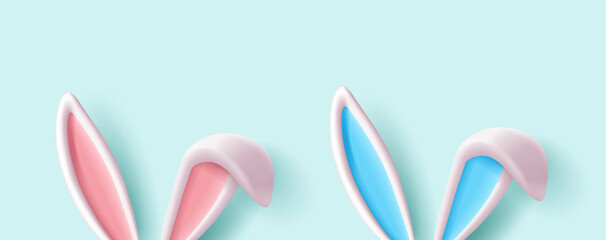 3d bunny rabit ears illustration with blue and pink insides and folded ear, render style set - obrazy, fototapety, plakaty